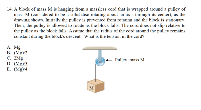 A block is hanging from a massless cord